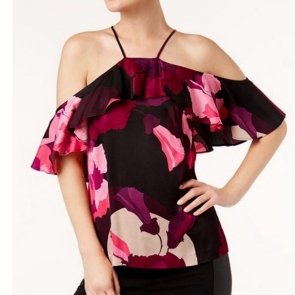 Trina Turk Tops - NWT Trina Turk | Pink Purple Black Print Cold Shoulder Floral Blouse Size XS